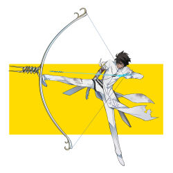 Rule 34 | 1boy, aiming, arjuna (fate), arrow (projectile), bandaged arm, bandages, black eyes, black hair, blood, blood on clothes, bow (weapon), closed mouth, coat, cuts, dark-skinned male, dark skin, drawing bow, expressionless, fate/grand order, fate (series), full body, gloves, hair over one eye, holding, holding bow (weapon), holding weapon, injury, leg up, long sleeves, looking ahead, male focus, outstretched leg, pants, rokkasana, shoes, short hair, solo, standing, standing on one leg, torn clothes, two-tone background, weapon, white background, white coat, white footwear, white gloves, white pants, yellow background
