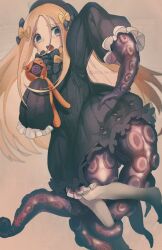 Rule 34 | 1girl, abigail williams (fate), black dress, black hat, blonde hair, blue eyes, bow, commentary request, dress, fate/grand order, fate (series), hair bow, hat, holding, holding stuffed toy, kaita (mokamilkcup), long hair, multiple hair bows, open mouth, pantyhose, sleeves past fingers, sleeves past wrists, solo, stuffed animal, stuffed toy, suction cups, tearing up, teddy bear, tentacles, transformation, white pantyhose