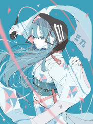 Rule 34 | 1girl, absurdres, black hood, blue eyes, blue hair, blurry, blurry foreground, cable, character name, cowboy shot, floating hair, from side, geometric pattern, hair between eyes, hatsune miku, highres, holding, holding microphone, hood, hood up, japanese clothes, kimono, long sleeves, looking at viewer, microphone, no pupils, nocopyrightgirl, obi, pale skin, parted lips, sash, sidelocks, sleeves past wrists, solo, twintails, vocaloid, white kimono, wide sleeves, zipper pull tab
