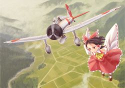 Rule 34 | 1girl, a5m, aircraft, airplane, ascot, black hair, bow, brown eyes, chanko, cloud, collared shirt, commentary request, detached sleeves, flying, frilled skirt, frills, hair bow, hair tubes, hakurei reimu, landscape, light frown, looking at another, looking back, mary janes, medium hair, medium skirt, motion blur, nontraditional miko, open mouth, partial commentary, red bow, red shirt, red skirt, ribbon-trimmed sleeves, ribbon trim, roundel, shirt, shoes, sidelocks, skirt, skirt set, sleeveless, sleeveless shirt, socks, touhou, vehicle focus, white legwear, wide sleeves, yellow ascot