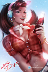 Rule 34 | 1girl, bangle, blue sky, bracelet, brand name imitation, breasts, brown eyes, brown hair, buttons, choker, cleavage, cruiser d.va, d.va (overwatch), dutch angle, earrings, eyelashes, front-tie top, headphones, hoop earrings, jewelry, lens flare, long hair, looking at viewer, medium breasts, midriff, nail polish, navel, official alternate costume, olchas, outdoors, overwatch, overwatch 1, parted lips, patreon logo, plaid, plaid shirt, red lips, red shirt, shirt, short sleeves, signature, sky, smile, soda, soda bottle, solo, upper body, white choker