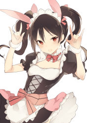 Rule 34 | 10s, 1girl, :o, alternate costume, apron, arms up, bad id, bad tumblr id, black dress, black hair, blush, bow, bowtie, breasts, cleavage, cleavage cutout, clothing cutout, double m/, double n/, dress, enmaided, frilled dress, frills, hair bow, hand gesture, head tilt, long hair, looking at viewer, love live!, love live! school idol project, lpip, m/, maid, mogyutto &quot;love&quot; de sekkin chuu!, \\n/, open mouth, pink bow, red bow, red bowtie, red eyes, small breasts, solo, twintails, underbust, upper body, waist apron, white apron, wrist cuffs, yazawa nico