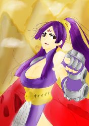 Rule 34 | 1girl, breasts, chinese, chinese clothes, female focus, hand on own hip, highres, large breasts, long hair, looking at viewer, majo taisen chronicle, pointing, purple hair, red eyes, solo, thighhighs, very long hair, wu zetian (majo taisen chronicle)