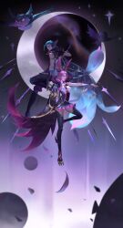 Rule 34 | 1boy, 1girl, absurdres, bare shoulders, black cape, black pants, breasts, cape, claws, crescent moon, detached sleeves, feathers, from side, full body, green hair, hair ornament, highres, league of legends, long hair, medium breasts, moon, multicolored background, multicolored hair, outstretched arm, pants, qchbtb, rakan (league of legends), red hair, short hair, two-tone hair, xayah