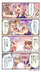 Rule 34 | 4girls, 4koma, artist name, blonde hair, blue eyes, blue hair, blue sailor collar, comic, commentary request, crop top, dilated pupils, female admiral (kancolle), flower, hair flower, hair ornament, hair ribbon, hat, i-19 (kancolle), i-58 (kancolle), kantai collection, long hair, military, military uniform, multiple girls, name tag, naval uniform, one-piece swimsuit, peaked cap, pink eyes, red eyes, ribbon, ro-500 (kancolle), sailor collar, sailor shirt, school swimsuit, school uniform, serafuku, shirt, short hair, snowball, swimsuit, swimsuit under clothes, translation request, tri tails, twintails, twitter username, uniform, upper body, white headwear, yumi yumi