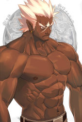 Rule 34 | 1boy, abs, bara, dark-skinned male, dark skin, ear piercing, earrings, frown, jewelry, large pectorals, leather, leather belt, looking to the side, male focus, manly, mature male, muscular, muscular male, nikism, nipples, original, pants, pectorals, piercing, pointy ears, scar, scar on face, solo, spiked hair, thick arms, thick eyebrows, topless male, upper body, veins, veiny arms, white hair