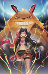 Rule 34 | 1girl, absurdres, animal ear headwear, beanie, belt, black hair, black headwear, black jacket, black skirt, cglas, crop top, cropped jacket, electricity, fake animal ears, grin, grizzbolt, hand on own hip, hat, highres, jacket, long hair, looking at viewer, midriff, miniskirt, multicolored hair, pal (creature), pal sphere, palworld, pink hair, pink shirt, shirt, single thighhigh, skirt, smile, split-color hair, standing, thigh belt, thigh strap, thighhighs, twintails, two-tone hair, yellow fur, zoe rayne