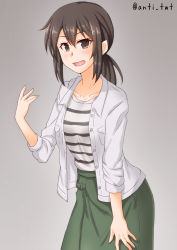 Rule 34 | 1girl, aged up, alternate costume, anti (untea9), black hair, brown eyes, commentary request, fubuki (kancolle), gradient background, green skirt, grey background, highres, jacket, kantai collection, long hair, long skirt, low ponytail, ponytail, shirt, short ponytail, sidelocks, skirt, sleeves rolled up, solo, striped clothes, striped shirt, twitter username, white jacket