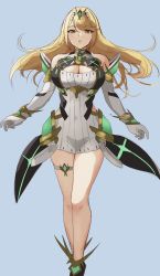 Rule 34 | 1girl, amayo thranana, armor, bare shoulders, blonde hair, blue background, breasts, chest jewel, cleavage, cleavage cutout, clothing cutout, dress, elbow gloves, facing viewer, gloves, highres, large breasts, long hair, mythra (xenoblade), parted lips, short dress, simple background, solo, swept bangs, thigh strap, tiara, white dress, white gloves, xenoblade chronicles (series), xenoblade chronicles 2, yellow eyes