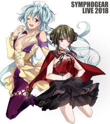 Rule 34 | 2018, 2girls, :d, bare shoulders, black skirt, blue hair, breasts, brown hair, cagliostro (symphogear), cape, center opening, cleavage, hidaka rina, highres, long hair, looking at viewer, medium breasts, multiple girls, one eye closed, open mouth, pants, prelati (symphogear), purple eyes, purple pants, resyeol, senki zesshou symphogear, short hair with long locks, sidelocks, skirt, smile, symphogear live, very long hair