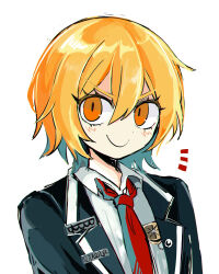 Rule 34 | &gt;:), 1girl, badge, black jacket, blonde hair, closed mouth, collared shirt, commentary request, don quixote (project moon), hair between eyes, hatosabure, highres, jacket, limbus company, necktie, notice lines, open clothes, open jacket, orange eyes, portrait, project moon, red necktie, shirt, short hair, simple background, smile, solo, v-shaped eyebrows, white background, white shirt