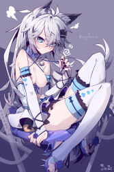 Rule 34 | 1girl, absurdres, alternate costume, animal collar, animal ears, arknights, bare shoulders, bell, belt collar, black nails, blue collar, blue eyes, blue flower, blue footwear, blue rose, blush, breasts, bridal gauntlets, bridal legwear, character name, chinese commentary, cleavage, cleavage cutout, closed mouth, clothing cutout, collar, collarbone, commentary request, dress, elbow gloves, eyes visible through hair, flower, gloves, grey background, grey hair, hair between eyes, hair ornament, hairclip, hand up, heart cutout, high heels, highres, imazawa, jingle bell, knees up, lappland (arknights), leash, long hair, medium breasts, nail polish, neck bell, nipples, paid reward available, pleated dress, puff of air, rose, sandals, solo, tail, thighhighs, toenail polish, toenails, toes, white dress, white gloves, white thighhighs, wolf ears, wolf girl, wolf tail