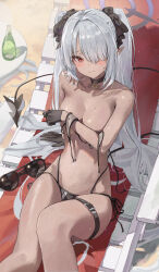 Rule 34 | 1girl, absurdres, beach chair, bikini, black choker, black gloves, blue archive, blush, breasts, choker, cleavage, covering privates, covering breasts, dark-skinned female, dark skin, demon tail, unworn eyewear, feet out of frame, gloves, grey hair, hair over one eye, halo, highres, iori (blue archive), iori (swimsuit) (blue archive), long hair, looking at viewer, looking up, medium breasts, multi-strapped bikini bottom, navel, official alternate costume, on chair, one eye covered, outdoors, red eyes, serie niai, sitting, solo, stomach, sunglasses, swimsuit, tail, thigh strap, twintails, untied bikini, very long hair