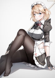 Rule 34 | 1girl, absurdres, armor, black gloves, black pantyhose, blonde hair, blue eyes, blush, closed mouth, fingerless gloves, g36 (girls&#039; frontline), g36 (mod3) (girls&#039; frontline), girls&#039; frontline, gloves, highres, knee up, looking at viewer, lubikaya, maid, maid headdress, medium hair, mod3 (girls&#039; frontline), no shoes, pantyhose, plantar flexion, sitting, solo, white background