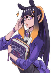Rule 34 | 1girl, :o, absurdres, adjusting eyewear, alternate costume, alternate hairstyle, ao-chan (ninomae ina&#039;nis), bespectacled, black hair, black sweater, book, cardigan, collared shirt, from side, glasses, hand on eyewear, highres, holding, holding book, hololive, hololive english, long hair, ninomae ina&#039;nis, open mouth, pointy ears, ponytail, porko, purple cardigan, purple eyes, shirt, solo, sparkle, sweater, tentacle hair, virtual youtuber, watch, white background, white shirt, wristwatch