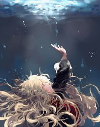 Rule 34 | 1girl, absurdres, black dress, blonde hair, breasts, bubble, chinese clothes, dress, highres, honi (honix3), junko (touhou), light, light reflection (water), lips, long sleeves, no headwear, open hand, profile, reaching, red eyes, solo, tabard, touhou, underwater, upper body
