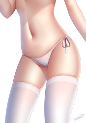 Rule 34 | 1girl, bikini, bikini bottom only, cameltoe, commentary, dated commentary, head out of frame, highres, navel, original, side-tie bikini bottom, signature, simple background, skindentation, solo, stomach, swimsuit, thighhighs, thighs, white background, white bikini, white thighhighs, wsman