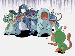 Rule 34 | ?, animal focus, black eyes, blue skin, colored skin, commentary request, creatures (company), debudebumetabo, fangs, game freak, gastrodon, gastrodon (east), gen 2 pokemon, gen 3 pokemon, gen 4 pokemon, gen 5 pokemon, gen 8 pokemon, green skin, grey background, grookey, holding, holding stick, monkey, nintendo, no humans, open mouth, pokemon, pokemon (creature), quagsire, red eyes, scared, seismitoad, skin fangs, slug, solid circle eyes, stick, swampert, sweat, tail, tongue, whiscash, whiskers