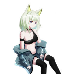 Rule 34 | 1girl, absurdres, animal ears, arknights, armband, bare shoulders, bikini, black bikini, black choker, black thighhighs, breasts, chinese commentary, choker, cleavage, commentary request, feet out of frame, grey jacket, highres, huizhiyin, jacket, kal&#039;tsit (arknights), long sleeves, looking at viewer, material growth, medium breasts, navel, off shoulder, open clothes, open jacket, oripathy lesion (arknights), parted lips, purple eyes, shirt, short hair, silver hair, simple background, single-shoulder shirt, single strap, sitting, solo, stomach, swimsuit, thighhighs, white background