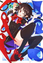 Rule 34 | 1girl, asymmetrical wings, black dress, black hair, black thighhighs, blue wings, blush, bow, bowtie, buttons, center frills, commentary request, dress, flat chest, footwear bow, frilled dress, frills, fuji tarawi, full body, highres, holding, holding polearm, holding weapon, houjuu nue, long hair, looking at viewer, mary janes, one eye closed, open mouth, pointy ears, polearm, purple dress, red bow, red bowtie, red eyes, red footwear, red wings, shoes, short dress, short sleeves, smile, snake, solo, thighhighs, touhou, trident, two-sided dress, two-sided fabric, weapon, wings