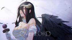 Rule 34 | 1girl, ahoge, albedo (overlord), bare shoulders, black feathers, black hair, black wings, breasts, cleavage, demon girl, demon horns, feathered wings, feathers, from side, hair between eyes, highres, horns, kojo (0124), large breasts, long hair, looking at viewer, looking to the side, overlord (maruyama), parted lips, slit pupils, smile, solo, upper body, white horns, wings, yellow eyes