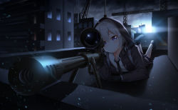 Rule 34 | 1girl, absurdres, ahoge, black gloves, black necktie, black skirt, bolt action, building, cheytac m200, city, cityscape, closed mouth, cloud, cloudy sky, collared shirt, crane (machine), girls&#039; frontline, gloves, gun, hair between eyes, highres, holding, holding weapon, hood, hood up, hooded jacket, jacket, leg up, light rays, long sleeves, looking at viewer, lying, m200 (girls&#039; frontline), necktie, on roof, on stomach, open clothes, open jacket, pocket, purple eyes, rifle, scope, shadow, shirt, shoes, sidelocks, skirt, sky, sneakers, sniper rifle, solo, sunbeam, sunlight, tiokun7, urban, weapon, white shirt