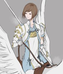 Rule 34 | 1boy, aiiluro, alternate costume, artist name, brown hair, feathered wings, fire emblem, fire emblem fates, gloves, grey background, highres, hisame (fire emblem), male focus, nintendo, orange eyes, polearm, simple background, solo, spear, weapon, wings