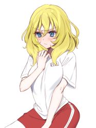 Rule 34 | 10s, 1girl, angry, bad id, bad twitter id, blonde hair, blue eyes, blush, closed mouth, commentary request, frown, girls und panzer, gym uniform, looking away, medium hair, name tag, oshida (girls und panzer), red shorts, shirt, short shorts, shorts, shutou mq, simple background, single vertical stripe, solo, standing, sweatdrop, t-shirt, upper body, v-shaped eyebrows, white background, white shirt