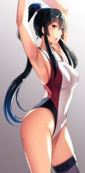 Rule 34 | 10s, 1girl, armpits, arms up, bad id, bad twitter id, black hair, breasts, competition swimsuit, cowboy shot, gradient background, grey background, highleg, highleg swimsuit, kantai collection, large breasts, long hair, looking at viewer, nosa, one-piece swimsuit, ponytail, red eyes, scrunchie, sidelocks, single thighhigh, solo, swimsuit, thighhighs, white one-piece swimsuit, yahagi (kancolle)