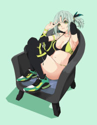 Rule 34 | 1girl, armpits, bikini, black thighhighs, breasts, chair, cleavage, detached sleeves, green eyes, grey hair, highres, jewelry, looking at viewer, navel, original, ponytail, ring, shoes, sitting, smile, sneakers, solo, swimsuit, thighhighs, v, yuu (1007yu)