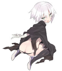 Rule 34 | 1girl, ass, bandaged arm, bandaged hand, bandages, black cloak, black footwear, black panties, black thighhighs, blade (galaxist), blush, boots, cloak, fang, fate/apocrypha, fate/grand order, fate (series), from behind, green eyes, hair between eyes, jack the ripper (fate/apocrypha), looking at viewer, looking back, lowleg, lowleg panties, open mouth, panties, panty pull, shoe soles, silver hair, simple background, sitting, solo, thigh boots, thighhighs, underwear, wariza, white background