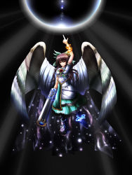 Rule 34 | 1girl, absurdres, alternate costume, alternate weapon, arm cannon, asheta7, asymmetrical clothes, asymmetrical footwear, black hair, bow, bracelet, cape, female focus, hair bow, highres, jewelry, large wings, long hair, md5 mismatch, mismatched footwear, red eyes, reiuji utsuho, resolution mismatch, smile, solo, source smaller, touhou, weapon, wings