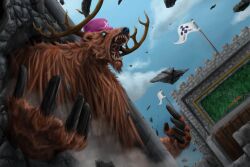 Rule 34 | 1boy, alternate form, animal ears, animal nose, antlers, cloud, cloudy sky, commentary, corarima, empty eyes, english commentary, hat, highres, horns, male focus, monsterification, one piece, open mouth, outdoors, pink hat, realistic, reindeer antlers, sharp teeth, sky, solo, teeth, tony tony chopper