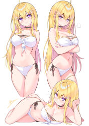 1girl ahoge bare_arms bare_shoulders bikini black_choker blonde_hair breasts choker cleavage closed_mouth cropped_legs crossed_arms cu-no frilled_bikini frills front-tie_bikini_top front-tie_top frown hair_between_eyes hair_ornament hairclip hakurei_botan hand_on_own_hip highres hisen_kaede large_breasts long_hair looking_at_viewer lying multiple_views nail_polish navel on_side purple_eyes side-tie_bikini_bottom smile stomach strapless strapless_bikini string_bikini swimsuit thighs v-shaped_eyebrows very_long_hair white_bikini