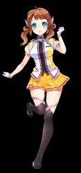 Rule 34 | 1girl, absurdres, ahoge, black thighhighs, blue eyes, blush, breasts, brown hair, full body, highres, leahs (master of eternity), long hair, master of eternity, official art, pleated skirt, skirt, solo, tachi-e, thighhighs, transparent background, twintails, yellow skirt