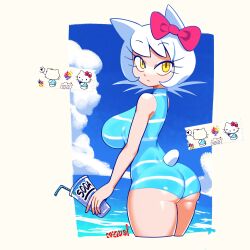 Rule 34 | 1girl, absurdres, animal ears, aqua one-piece swimsuit, ass, bow, breasts, cat ears, cropped legs, cup, day, disposable cup, drinking straw, hair bow, hello kitty, hello kitty (character), highres, holding, holding cup, humanization, large breasts, long eyelashes, looking back, minuspal, one-piece swimsuit, outdoors, pink bow, reference inset, sanrio, short tail, solo, swimsuit, tail, water, white hair, yellow eyes