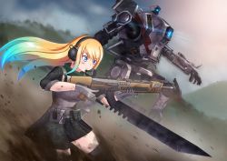 Rule 34 | &gt;:(, 1girl, 1other, absurdres, black thighhighs, blonde hair, blue eyes, blue hair, camouflage, camouflage skirt, dirty, gloves, gradient hair, gun, headset, highres, holding, holding gun, holding sword, holding weapon, indie virtual youtuber, long hair, mecha, multicolored hair, non-web source, pouch, robot, ronin (titanfall 2), science fiction, skirt, sword, tamasi, thighhighs, titan (titanfall), titanfall (series), titanfall 2, v-shaped eyebrows, virtual youtuber, weapon, weapon request, zeta (vtuber), zettai ryouiki