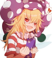 Rule 34 | !, !!, 1girl, american flag dress, blonde hair, blush, clownpiece, dress, fairy, fairy wings, fang, flat chest, hagure kedama, hair between eyes, hat, jester cap, long hair, open mouth, polka dot, polka dot headwear, purple hat, red eyes, short sleeves, simple background, skin fang, smile, solo, star (symbol), star print, striped clothes, striped dress, touhou, upper body, white background, wings