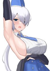 Rule 34 | 1girl, :o, arm up, armpits, backless outfit, black gloves, blue eyes, blue hat, blue necktie, blue skirt, blush, breasts, brid (nikke), bridal gauntlets, fingerless gloves, garrison cap, gloves, goddess of victory: nikke, hat, high-waist skirt, highres, large breasts, long hair, looking at viewer, low-tied long hair, necktie, open mouth, shirt, sideboob, skirt, sleeveless, solo, striped necktie, sweat, white hair, white shirt, xi oshir1