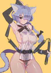 Rule 34 | 1girl, ahoge, animal ears, armpits, black bow, black bowtie, black gloves, black panties, black sash, blue hair, bow, bow (bhp), bowtie, breasts, brown eyes, cat ears, cat tail, closed mouth, contrapposto, cowboy shot, elbow gloves, fingerless gloves, gloves, hair bow, hair over one eye, hand up, highleg, highleg panties, holding, holding nunchaku, holding weapon, large breasts, long hair, looking at viewer, nunchaku, one eye covered, original, panties, sash, sideboob, simple background, single elbow glove, solo, tail, underwear, weapon, yellow background