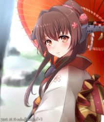Rule 34 | 1girl, blurry, brown hair, cherry blossoms, commentary request, depth of field, headgear, highres, japanese clothes, kantai collection, kimono, long hair, looking at viewer, nuka (nvkka), official alternate costume, oil-paper umbrella, one-hour drawing challenge, ponytail, red eyes, red umbrella, solo, twitter username, umbrella, upper body, white kimono, yamato (kancolle)