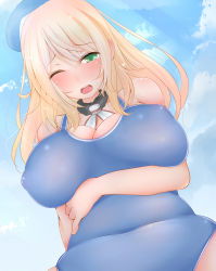 Rule 34 | 10s, 1girl, atago (kancolle), bare shoulders, belly, blonde hair, breasts, cloud, covered navel, day, green eyes, hat, highres, kantai collection, large breasts, long hair, looking at viewer, navel, one-piece swimsuit, personification, raised eyebrows, sky, solo, suiren (mystia6b), swimsuit, wince