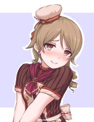 Rule 34 | 1girl, @ @, absurdres, artist name, blush, brown eyes, commentary, disco brando, drill hair, earrings, english commentary, hat, highres, idolmaster, idolmaster cinderella girls, jewelry, light brown hair, long hair, looking at viewer, morikubo nono, nose blush, outline, ringlets, short sleeves, simple background, smile, solo, twitter username, upper body, white outline