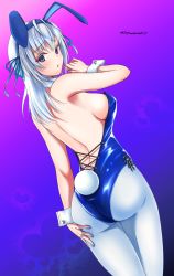 Rule 34 | 1girl, animal ears, ass, blue eyes, blue leotard, breasts, cowboy shot, fake animal ears, fake tail, from behind, hachiware (8ware63), highres, kantai collection, leotard, long hair, medium breasts, one side up, pantyhose, playboy bunny, rabbit ears, rabbit tail, sideboob, silver hair, solo, strapless, strapless leotard, suzutsuki (kancolle), tail, white pantyhose