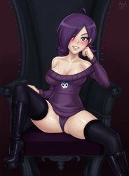 Rule 34 | 1girl, aaaninja, blue eyes, blush, boots, breasts, cleavage, flower, grin, hair over one eye, high heel boots, high heels, large breasts, looking at viewer, no bra, off-shoulder, off-shoulder sweater, off shoulder, platform boots, platform footwear, purple hair, purple sweater, sitting, smile, sweater, thighhighs, zone-tan