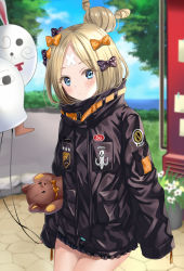 Rule 34 | 1girl, abigail williams (fate), abigail williams (traveling outfit) (fate), bad id, bad pixiv id, balloon, bandaid, bandaid on face, bandaid on forehead, belt, black bow, black jacket, blonde hair, blue eyes, blush, bow, closed mouth, commentary request, crossed bandaids, fate/grand order, fate (series), forehead, hair bow, hair bun, harimoji, heroic spirit traveling outfit, high collar, holding, holding balloon, jacket, long hair, long sleeves, looking at viewer, multiple hair bows, official alternate costume, orange belt, orange bow, park, parted bangs, polka dot, polka dot bow, single hair bun, sleeves past fingers, sleeves past wrists, solo, stuffed animal, stuffed toy, teddy bear, tree