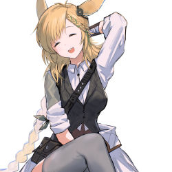 Rule 34 | 1girl, :d, absurdres, animal ears, arknights, arm behind head, belt, black shorts, blonde hair, blush, braid, braided bangs, braided ponytail, breasts, chest strap, covered navel, crossed legs, dress shirt, closed eyes, grey thighhighs, highres, kroos (arknights), kroos the keen glint (arknights), long hair, medium breasts, official alternate costume, open mouth, orlijiang, shirt, short shorts, shorts, simple background, sitting, smile, solo, teeth, thigh focus, thighhighs, thighs, upper teeth only, very long hair, vest, white shirt