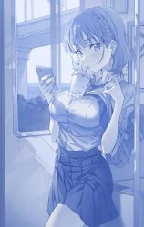 Rule 34 | 1girl, absurdres, ai-chan (tawawa), blue theme, blush, bob cut, braid, breasts, bridge, bubble tea, bubble tea challenge, bus, bush, cellphone, closed mouth, collared shirt, cowboy shot, day, drinking, fingernails, getsuyoubi no tawawa, highres, holding, holding phone, hxxg, indoors, jacket, large breasts, light rays, looking at viewer, monochrome, motor vehicle, necktie, object on breast, phone, pleated skirt, pole, school uniform, shirt, short hair, single braid, skirt, smartphone, solo, standing, window