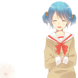 Rule 34 | 1girl, bad id, bad pixiv id, blue hair, bow, closed eyes, cube hair ornament, hair ornament, heart, lowres, naganohara mio, nichijou, open mouth, own hands together, school uniform, shiki hinako, short hair, short twintails, simple background, smile, solo, tokisadame school uniform, twintails, white background