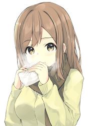 Rule 34 | 1girl, absurdres, artist name, artist request, blush, breasts, brown hair, brown scarf, female focus, food, highres, holding, holding food, kunikida hanamaru, light brown hair, long hair, long sleeves, looking at viewer, love live!, love live! sunshine!!, medium breasts, scarf, sks rr, solo, sweater, white background, yellow eyes, yellow sweater